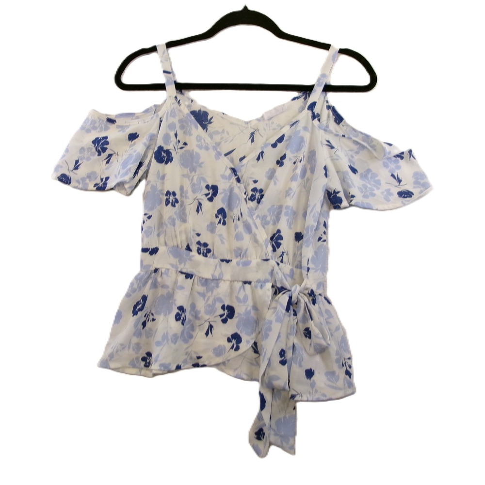 Sienna Sky Cold Shoulder Top Womens Small Blue White Floral Peplum
